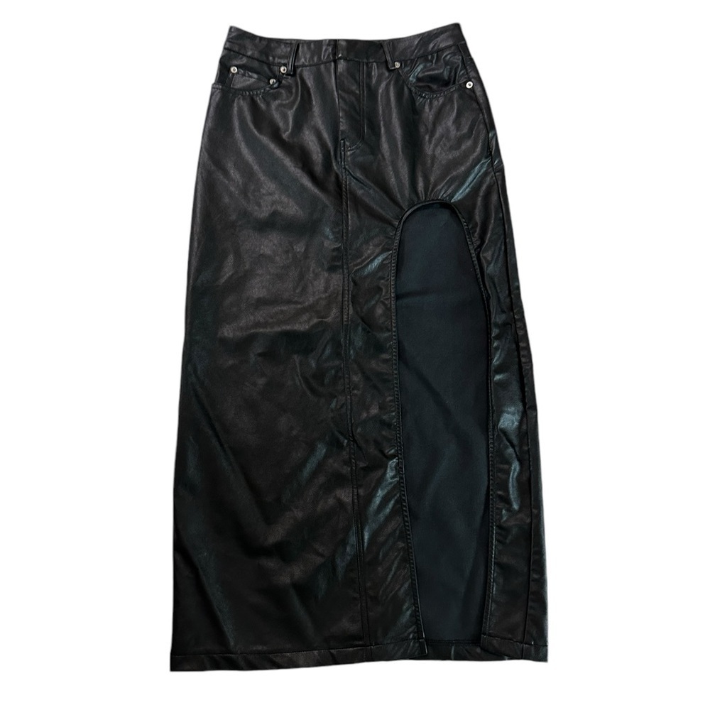 Beige Botany Women’s Black Faux Leather Slit Midi Skirt Size Medium